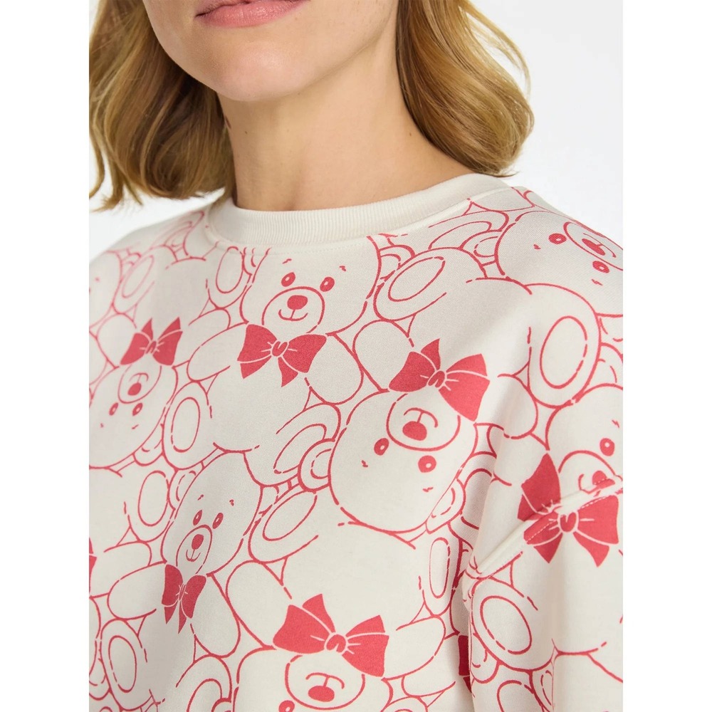 WOUND UP Teddy Bear Graphic Fleece Sweatshirt Womens XS Pink Cream White AOP NWT